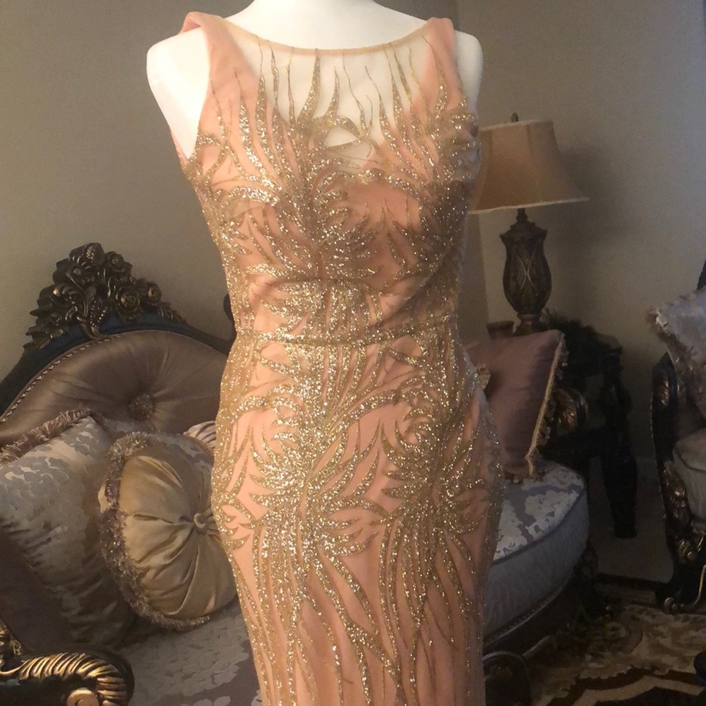 Mignon sleeveless peach and gold prom dress